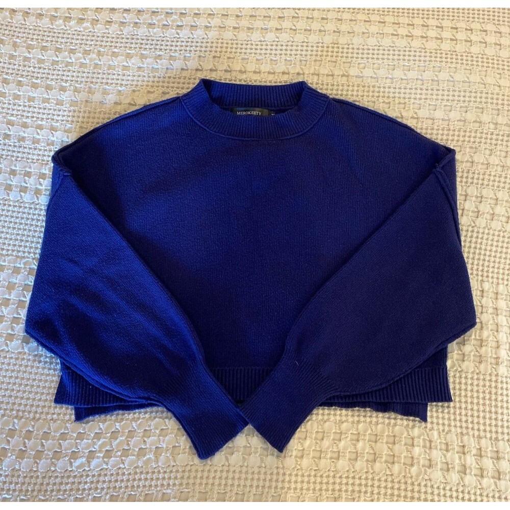 Merokeety Sweater Cropped Crewneck Oversized Medium Navy Blue Raglan Sleeve